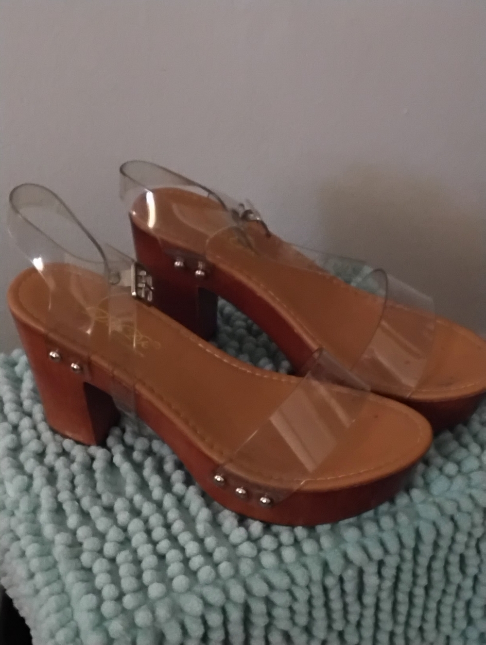 Clear Strap Tan Platform Heels - Women